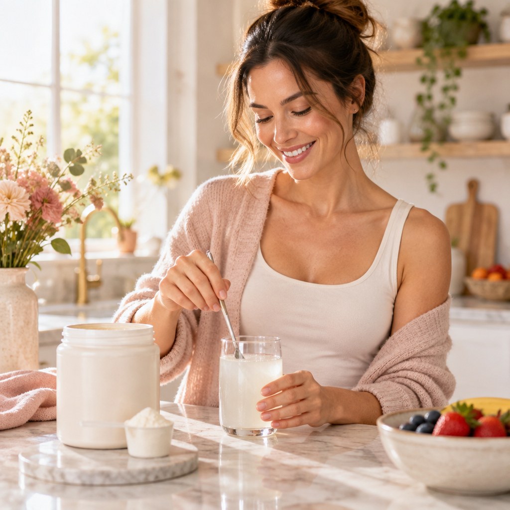Woman adding Velvara Glow collagen to her morning coffee